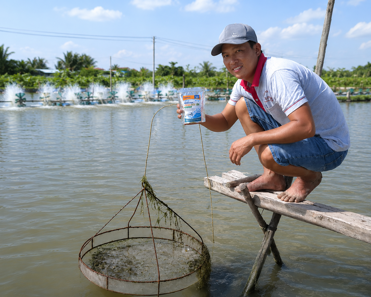 Khach cam san pham Men EM CANCO tai ao nuoi