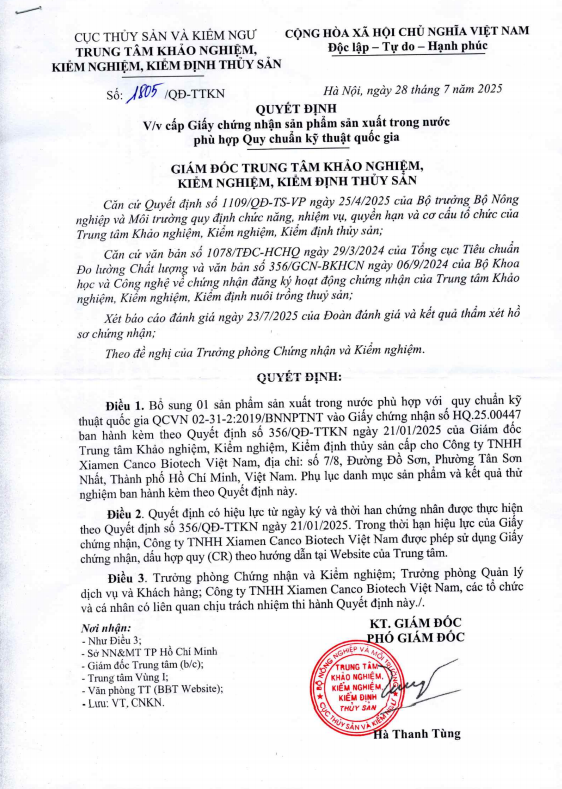 Quyet dinh cap giay chung nhan bo sung